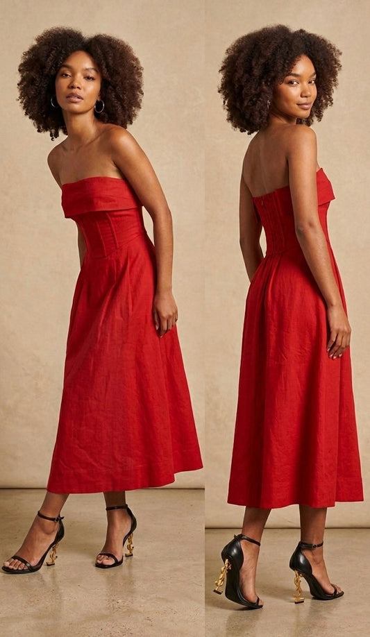 Velora Cotton Midi Dress - Red