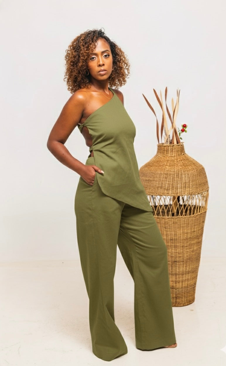 Jani Strapy Linen Set - Olive