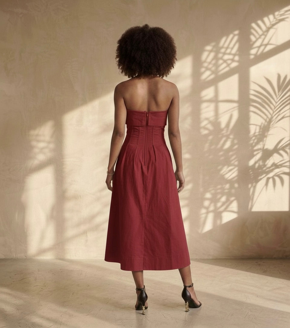 Velora Cotton Midi Dress - Red