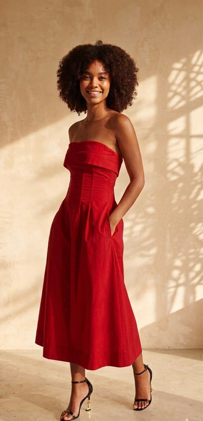 Velora Cotton Midi Dress - Red