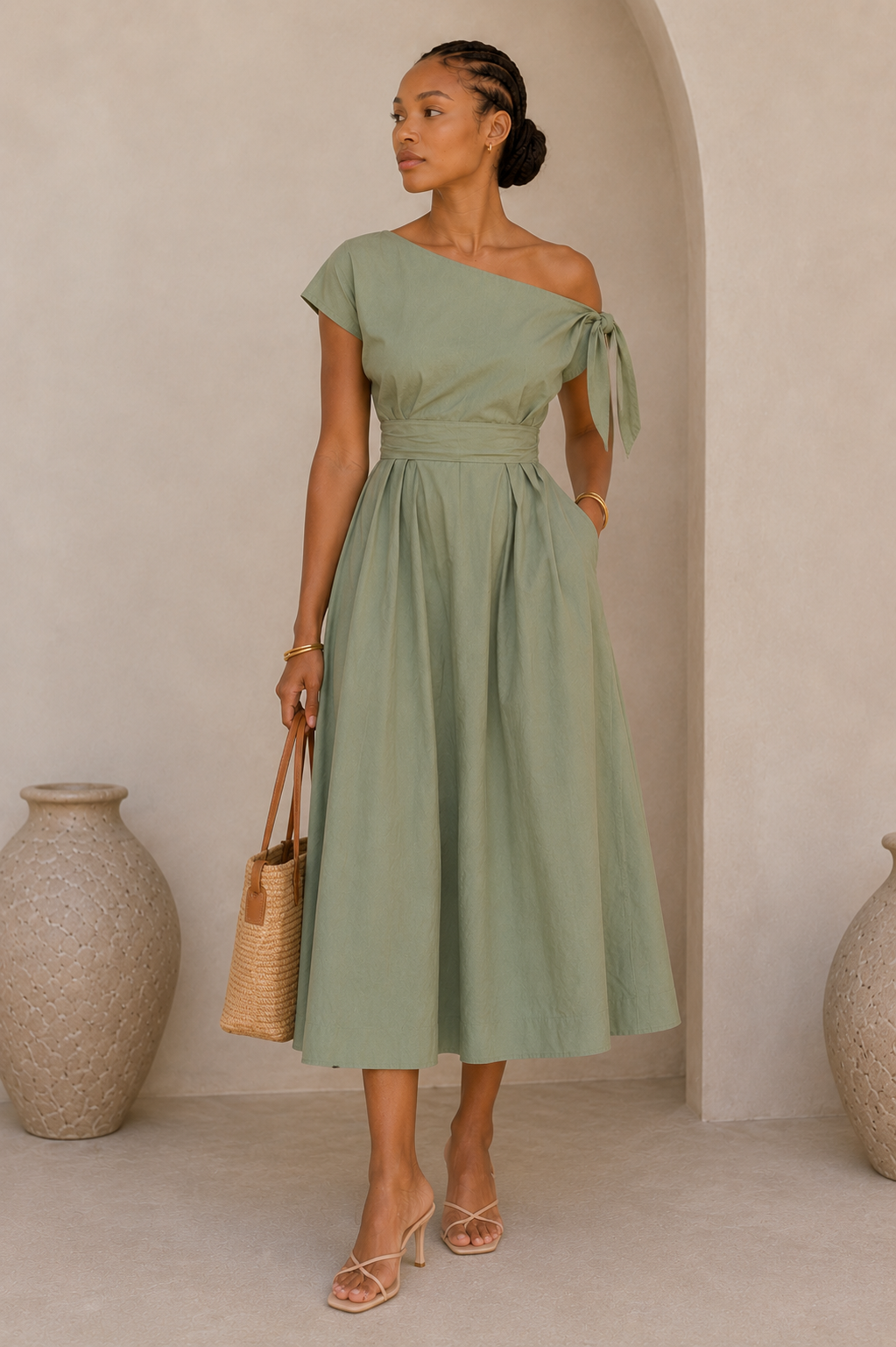 Olivia Cotton Midi Dress - Sage Green