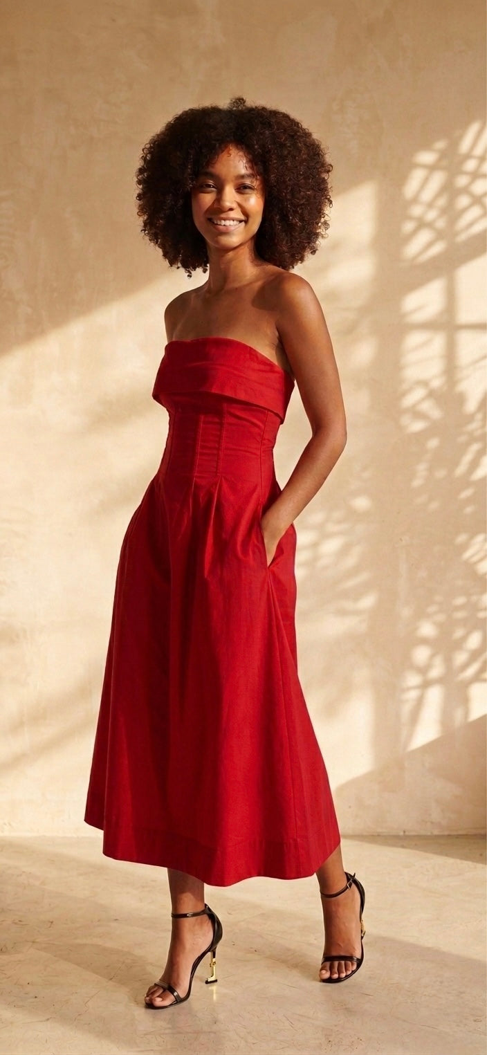 Velora Cotton Midi Dress - Red