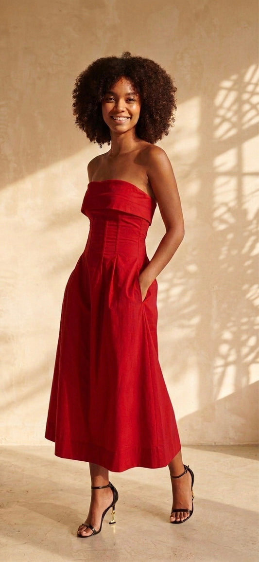 Velora Cotton Midi Dress - Red
