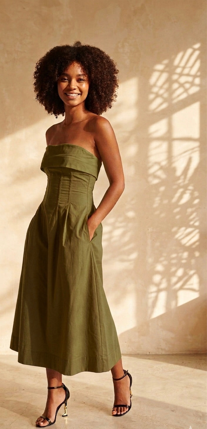 Velora Cotton Midi Dress - Olive