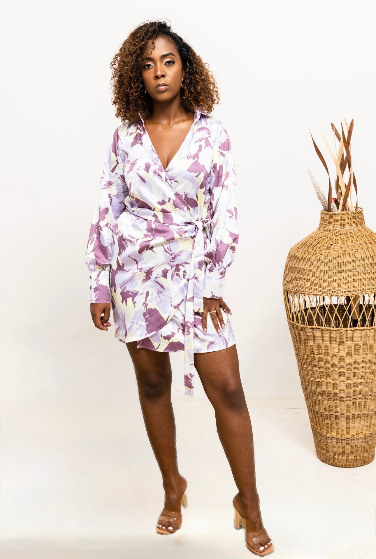 Aria Wrap Mini Dress - Purple Print
