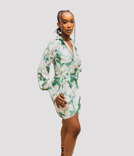 Aria Wrap Mini Dress - Green Print