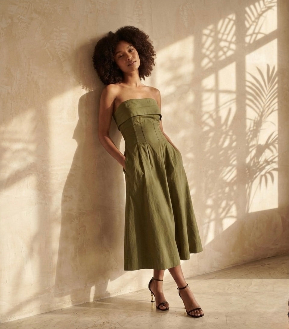 Velora Cotton Midi Dress - Olive