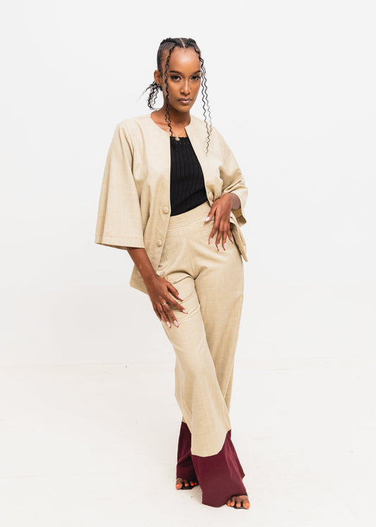 Serenity Color Block Linen Set - Beige/Maroon