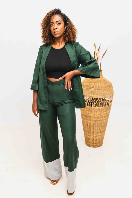 Serenity Color Block Linen Set - Green/Gray