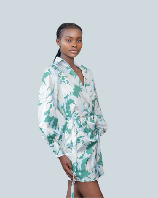Aria Wrap Mini Dress - Green Print