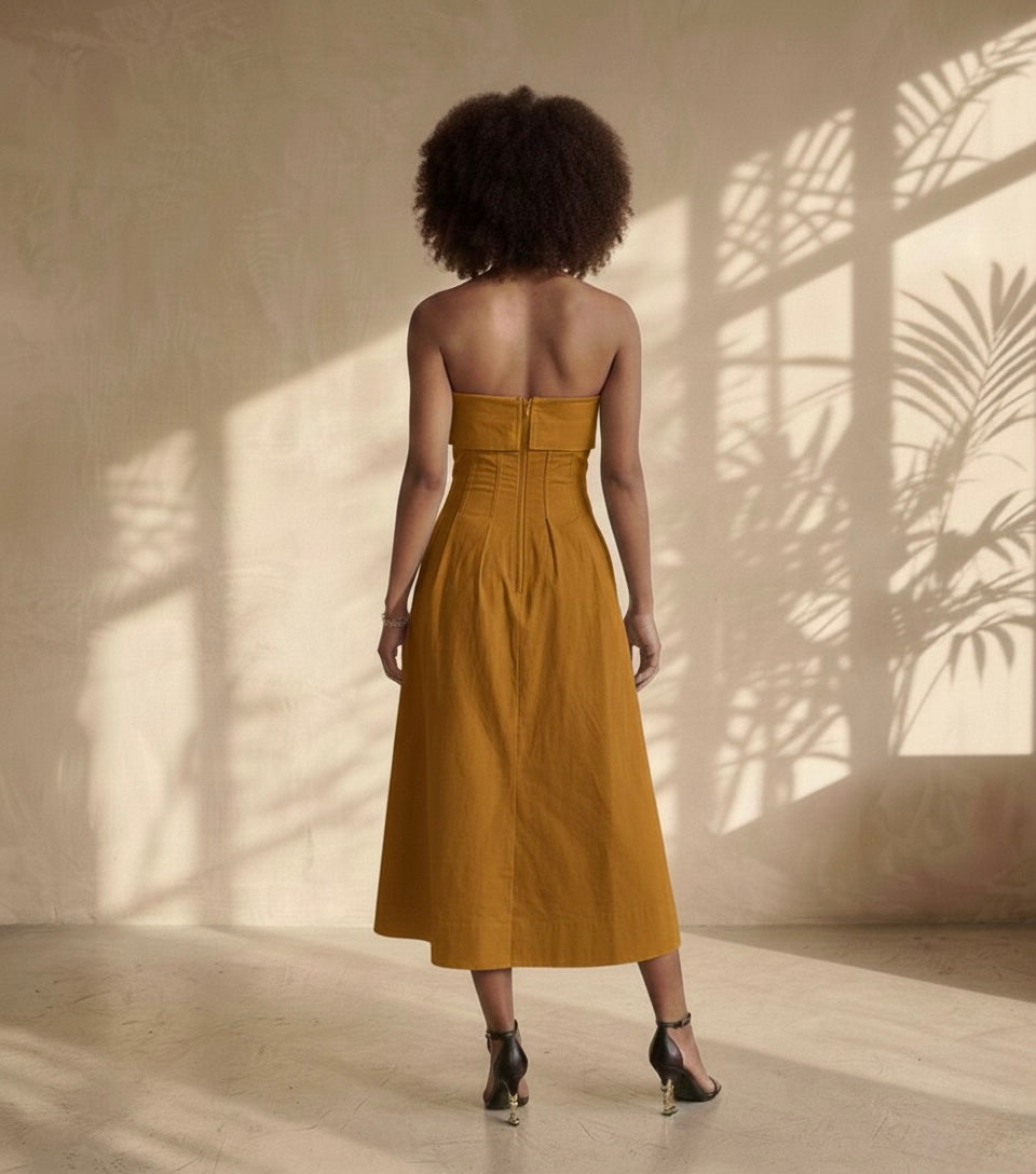 Velora Cotton Midi Dress - Mustard