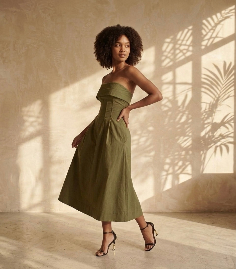 Velora Cotton Midi Dress - Olive