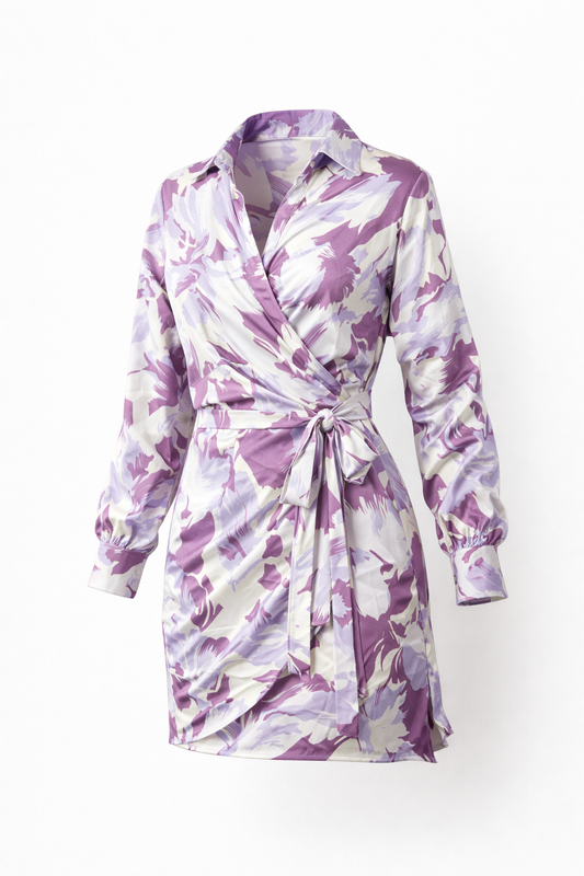 Aria Wrap Mini Dress - Purple Print