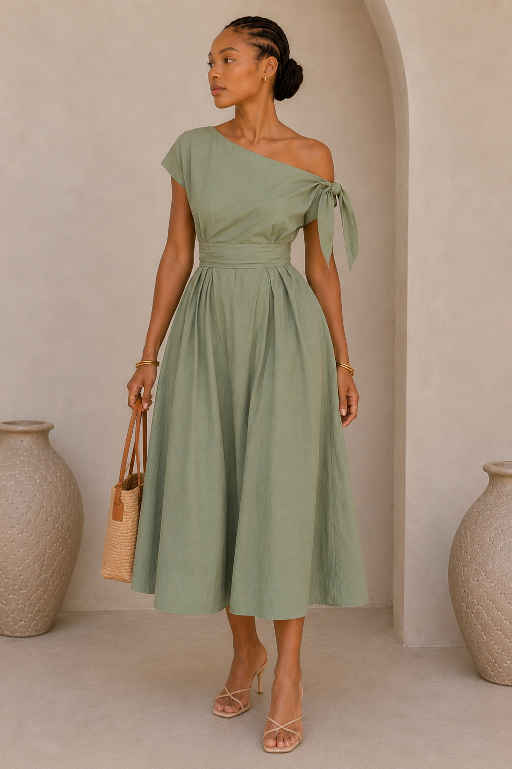 Olivia Cotton Midi Dress - Sage Green