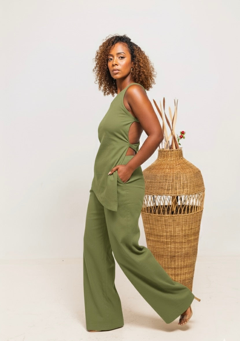 Jani Strapy Linen Set - Olive